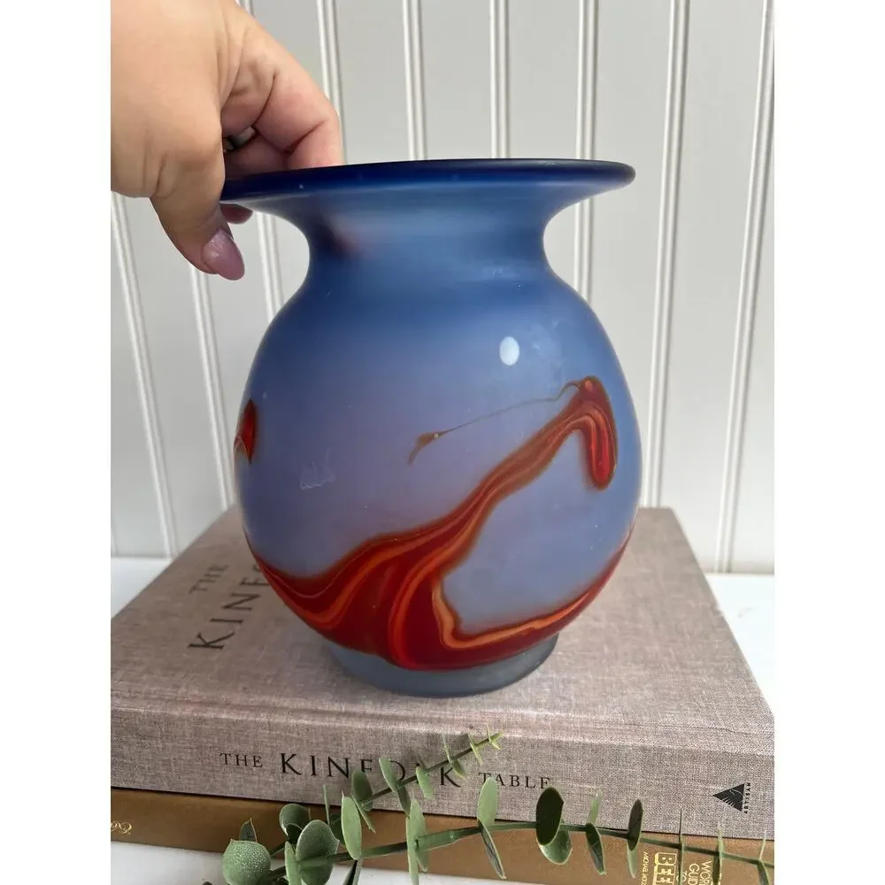 Handblown Cased Satin Glass Vase | Groovy Red Wave Design | Blue Hue